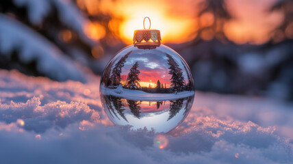 Christmas ornament reflecting a winter sunset lying in fresh snow a festive seasonal decoration