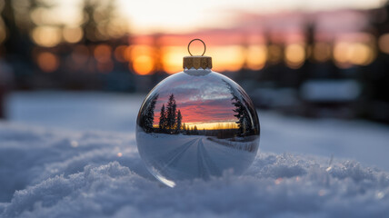 Christmas ornament in the snow reflecting a winter sunset landscape holiday season decoration