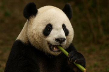 Fototapeta premium A giant panda bear chewing on a stalk of green bamboo