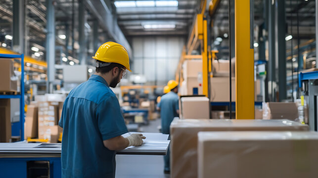 A worker in a yellow helmet is reviewing the plan at the manufacturing facility. Ensuring safety and quality in production with protective gear and attention to detail.
