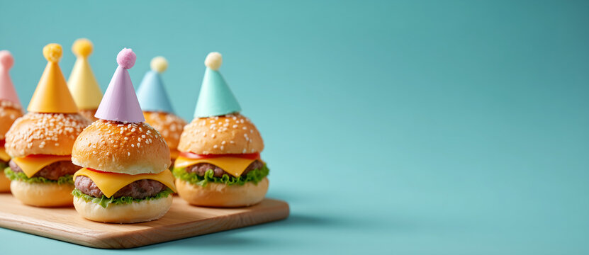 Mini cheeseburgers in party hats on a turquoise background with copy space - Powered by Adobe