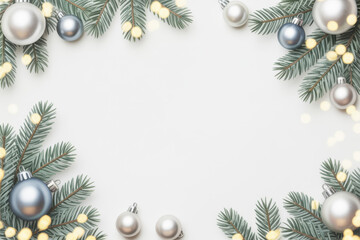 Christmas background with fir branches silver ornaments and bokeh lights festive holiday design copy space
