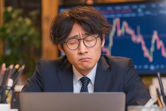 A businessman sitting at his desk looking tired and stressed while stock charts fall in the background, symbolizing financial loss and pressure. - Powered by Adobe