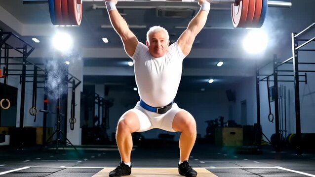 Elderly Male Weightlifter Performing Overhead Lift in Gym