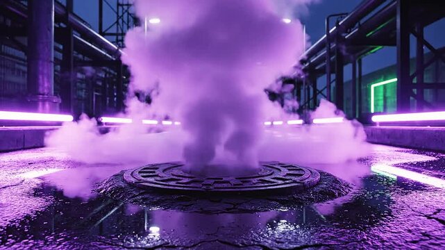 Urban street scene at night; purple mist rises from a manhole amid neon lighting