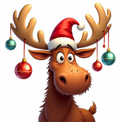 Funny cartoon reindeer wearing Santa hat with Christmas ornaments hanging from antlers, cheerful holiday animal illustration for festive cards, decor, or winter design projects