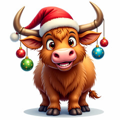 Cute cartoon highland cow wearing Santa hat with Christmas ornaments on horns, cheerful holiday animal illustration for festive cards, decor, and winter design projects