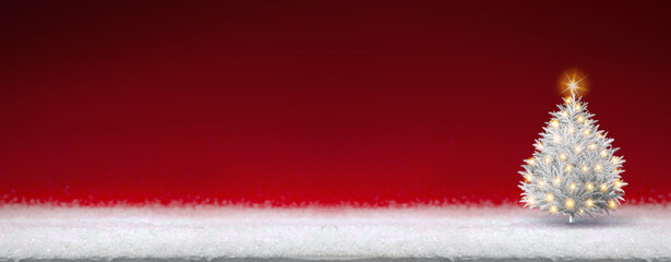 Christmas tree with lights isolated on red background.