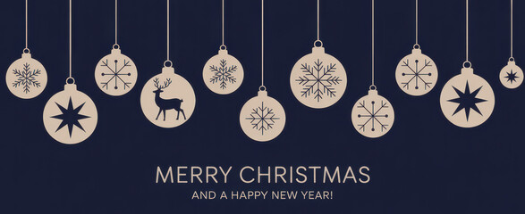 Elegant Christmas ornament decoration with snowflakes and reindeer vector illustration for holiday season greetings on dark blue 