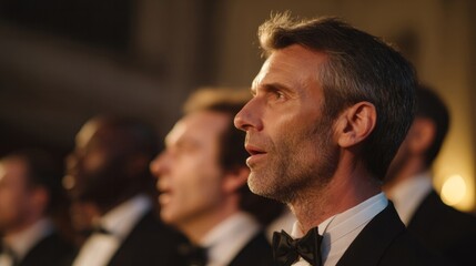 ```markdownA choir of European men in tuxedos sings passionately, evoking harmonies for Winter Solstice and World Choral Day celebrations```