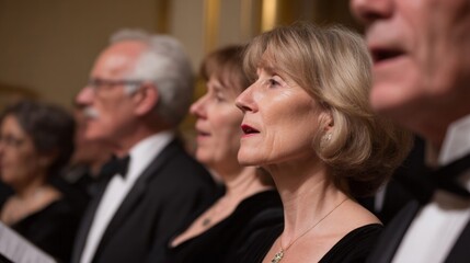 Elegant choir of diverse mature voices harmonizing in gilded hall, exuding festive vibes, reminiscent of European choral traditions