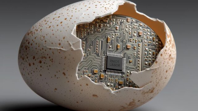 Unique Art Piece Showing a Broken Egg Revealing a Circuit Board