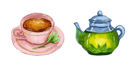 Watercolor illustration of a teapot with green tea and a pink teacup
