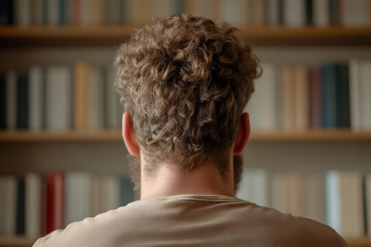 A contemplative man stands before a bookshelf filled with knowledge, his back turned, immersed in literary thoughts. The shelves are a blur as he delves into the world of books.