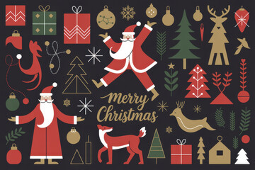 Christmas vector illustration featuring Santa Claus reindeer and trees perfect for festive designs and holiday greetings