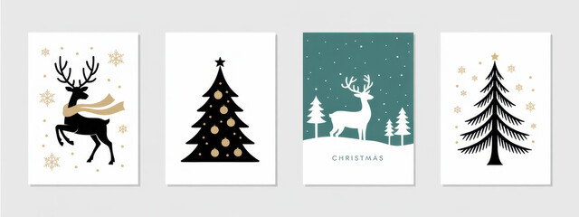 Set of Christmas cards with reindeer and trees minimalist vector illustrations for holiday greetings isolated on white and teal b