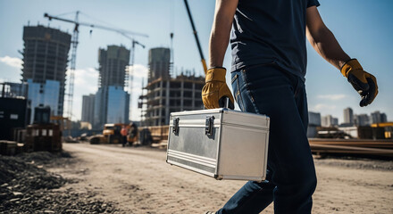 Construction worker with toolbox at a construction site.  Ideal for architecture, engineering, real estate, industrial safety, or career-focused designs. Modern buildings.