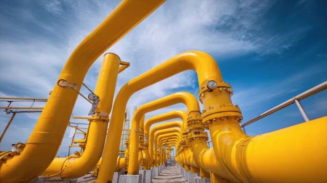 Yellow gas pipeline and valves against blue sky. Modern oil and gas industrial technology. Industry infrastructure 