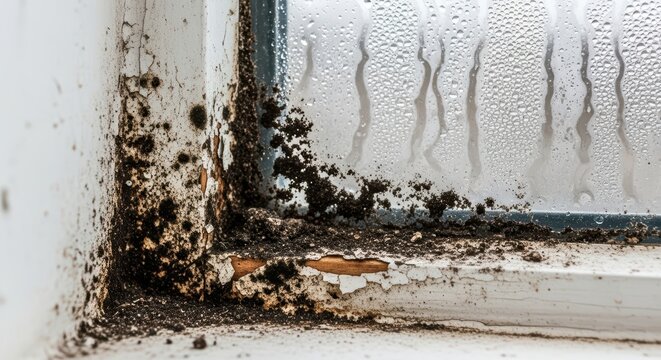 Fototapeta Mold growing on window frame with peeling paint and condensation