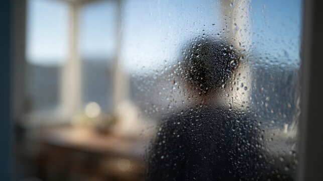 Raindrops blur the silhouette of a contemplative Asian boy, evoking thoughts of Tsukimi reflections and quiet introspection