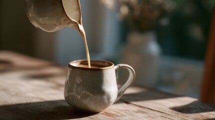Rustic ceramic mug invites frothy pour, evoking Slow Coffee Masters, hygge mornings, and the art of mindful brewing