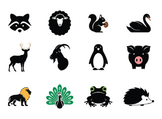 A charming collection of twelve stylized black silhouette animal illustrations featuring a raccoon sheep squirrel swan deer goat penguin pig lion peacock frog and hedgehog all on a white background © Marufa