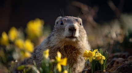 A curious groundhog, amidst daffodils, heralds eccentric Imbolc whispers; hidden narratives of shadowy folklore beneath spring's cusp