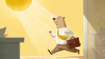 Joyful anthropomorphic bear strides confidently in golden sunlight, embodying Labor Day hustle and whimsical workplace escapades