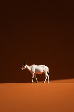 Elegant Arabian oryx standing out with its white fur against the vibrant backdrop of sandy desert dunes. A testament to resilience in arid landscapes.