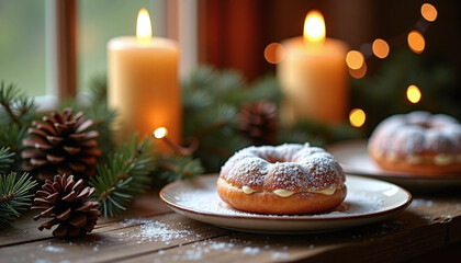 Festive doughnuts with cream filling and powdered sugar on rustic wooden table, cozy holiday dessert scene with candles, pinecones, and warm Christmas lights