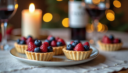 Festive berry tarts with strawberries and blueberries on elegant table setting, holiday dessert scene with candlelight, wine, and bokeh background for cozy celebrations