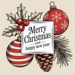 Vintage Christmas illustration with ornaments pinecone and holly festive design element for holiday cards and invitations