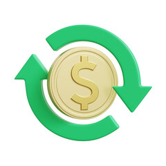 Cashback 3d icon illustration. A gold coin with a dollar sign and green round arrows isolated on transparent background. Return of investments. Currency exchange. png 