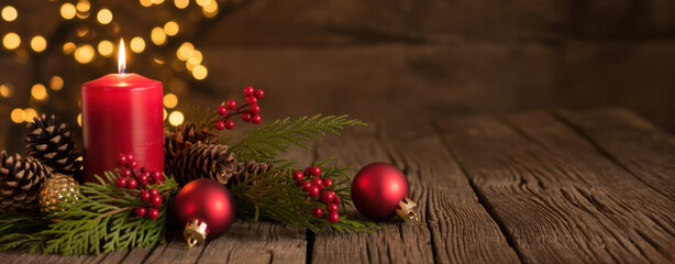 Festive Christmas arrangement with a red candle ornaments and pine cones creating a warm holiday atmosphere on a rustic wooden su