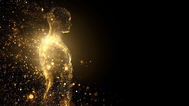 Golden human silhouette made of sparkling light particles in profile view, abstract cosmic energy background