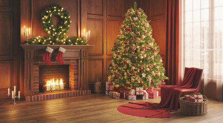Christmas living room with fireplace and decorated tree presents and stockings cozy holiday interior