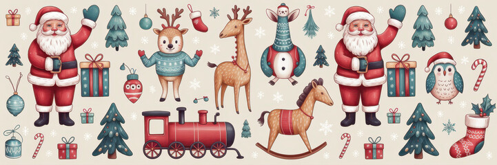 Watercolor Christmas toy collection vintage style holiday elements for festive designs isolated on beige background
