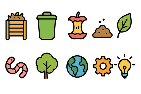 Composting, gardening flat icon set for eco-friendly practices and sustainability