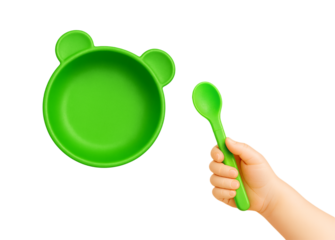 Kids hand with blue spoon and plate