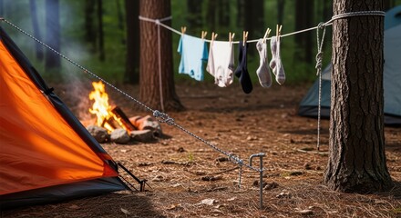 Outdoor camping scene with orange tent and campfire in forest