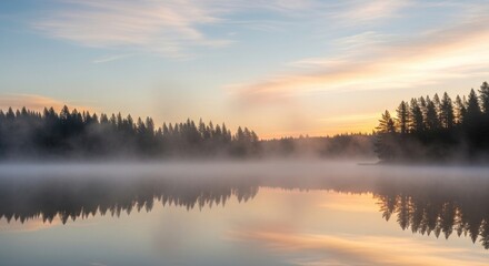 Obraz premium Serene Lake Reflection at Dawn with Mist