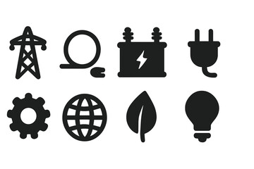Obraz premium Energy and environment silhouette icon set. Renewable, electric symbols silhouette collection