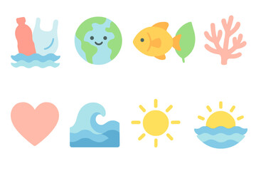 Environment and ocean flat icon set: ecological, marine life flat icons collection