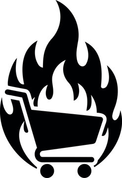 Vector illustration of a black shopping cart engulfed in flames against a white background design element