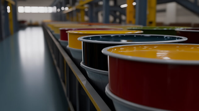 A vibrant row of paint barrels in an industrial setting, showcasing a spectrum of colors from red to yellow. The scene captures a sense of industrial processes and color spectrum.