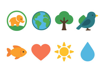 Nature and wildlife flat icon set. Environment, animal, tree, bird, fish, heart, sun icons