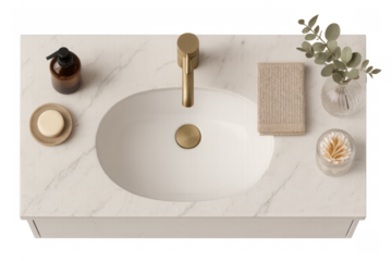 Bathroom sink in marble countertop with gold faucet and hygiene products, clean modern design with transparent background