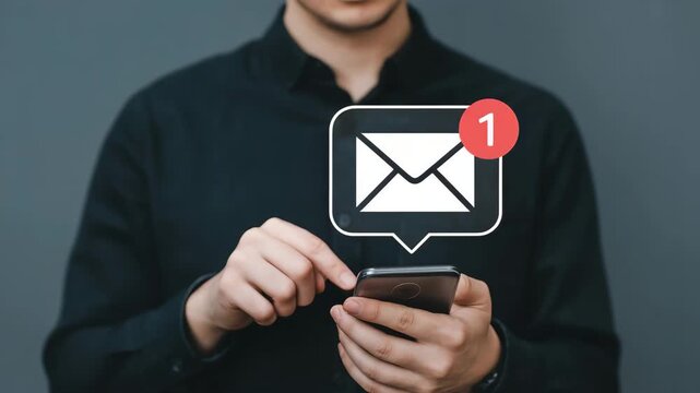 A man is holding a smartphone with a new email notification on the screen, indicating that he has received two new messages, the concept of communication and digital technology is highlighted - Powered by Adobe