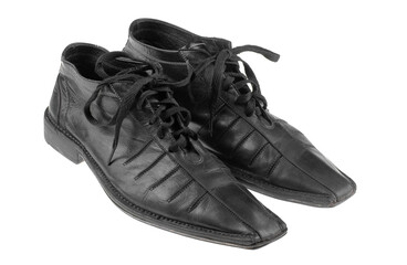 Black worn elegant men's shoes isolated on white background