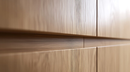 Detailed close-up of sleek wooden cabinetry. The natural grain and soft color highlight its texture and elegant design. Perfect for a modern interior aesthetic.